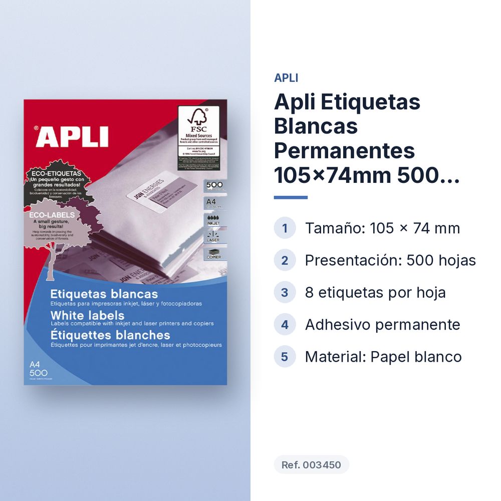 APLI ETIQUETAS BLANCAS PERMANENTES 105X74MM 500 HOJAS - características principales