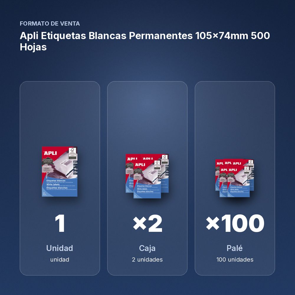 APLI ETIQUETAS BLANCAS PERMANENTES 105X74MM 500 HOJAS - formato de venta: caja de 2, palé de 100