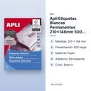 APLI ETIQUETAS BLANCAS PERMANENTES 210X148MM 500 HOJAS - características principales