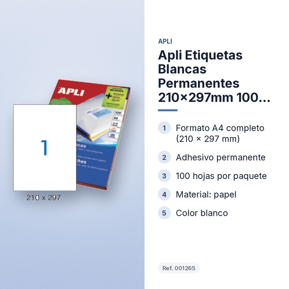 APLI ETIQUETAS BLANCAS PERMANENTES 210X297MM 100 HOJAS - características principales