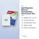 APLI ETIQUETAS BLANCAS PERMANENTES 38X21,2MM 100 HOJAS - características principales
