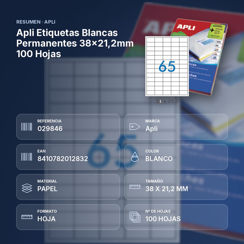 APLI ETIQUETAS BLANCAS PERMANENTES 38X21,2MM 100 HOJAS - resumen de atributos