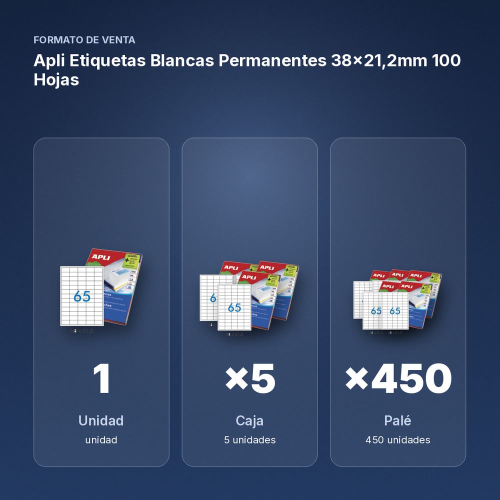 APLI ETIQUETAS BLANCAS PERMANENTES 38X21,2MM 100 HOJAS - formato de venta: caja de 5, palé de 450