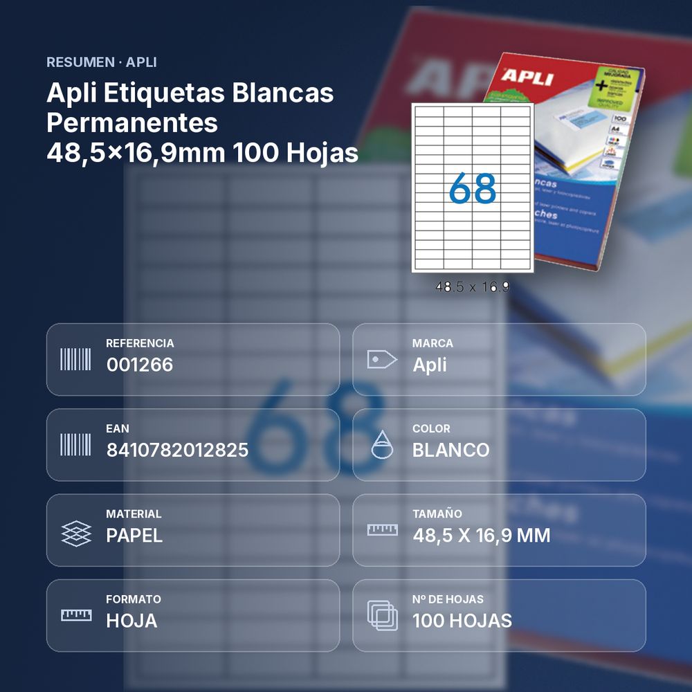 APLI ETIQUETAS BLANCAS PERMANENTES 48,5X16,9MM 100 HOJAS - resumen de atributos