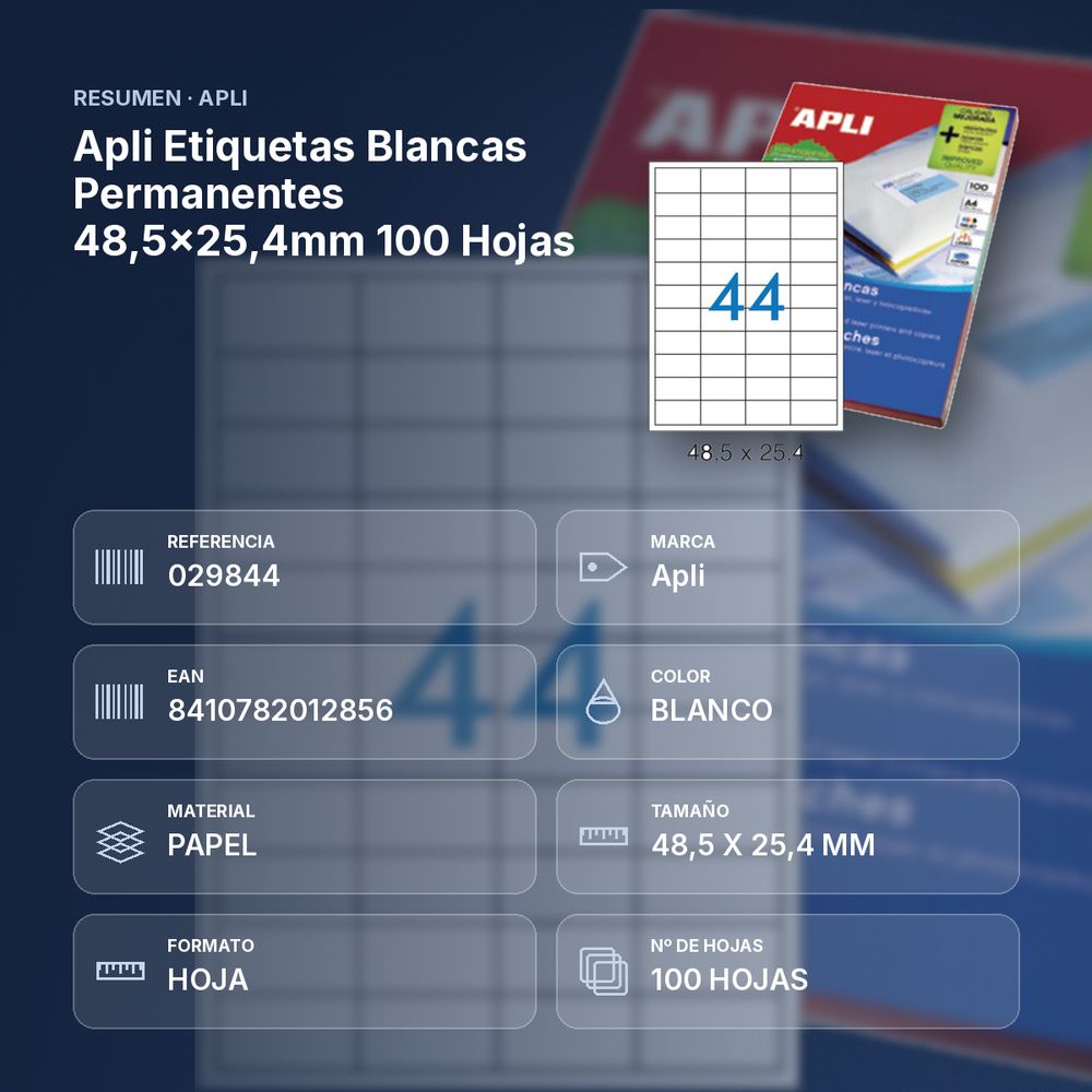 APLI ETIQUETAS BLANCAS PERMANENTES 48,5X25,4MM 100 HOJAS  - resumen de atributos
