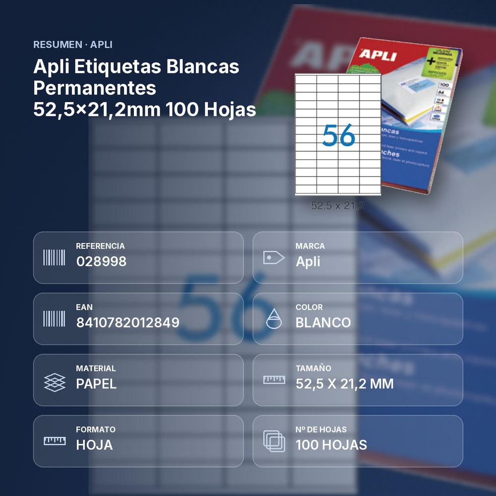 APLI ETIQUETAS BLANCAS PERMANENTES 52,5X21,2MM 100 HOJAS  - resumen de atributos