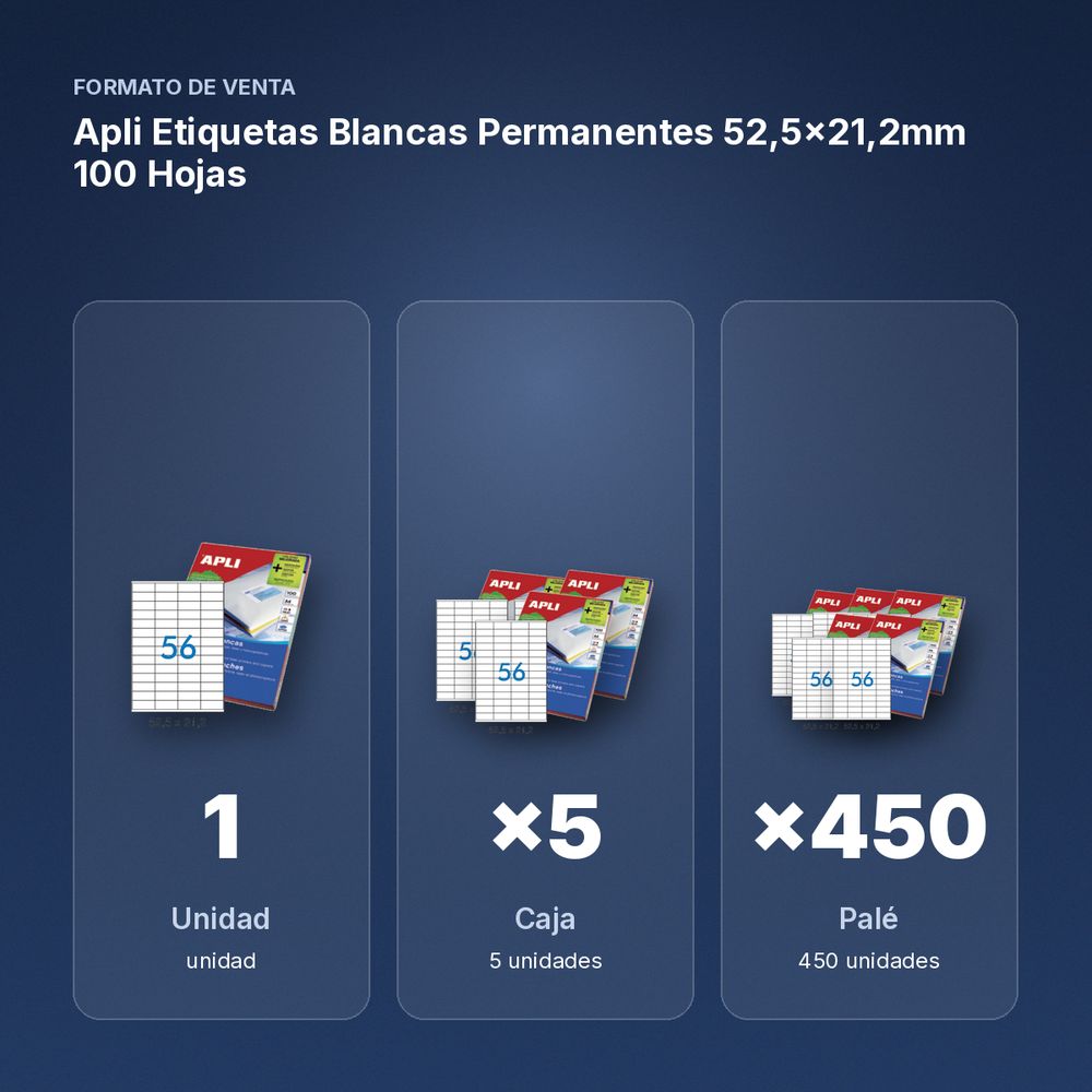 APLI ETIQUETAS BLANCAS PERMANENTES 52,5X21,2MM 100 HOJAS  - formato de venta: caja de 5, palé de 450