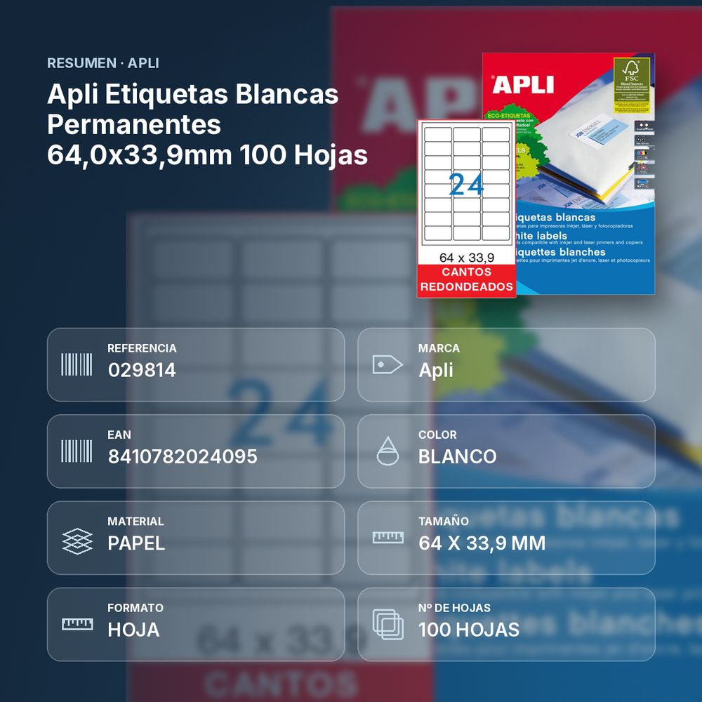 APLI ETIQUETAS BLANCAS PERMANENTES 64,0X33,9MM 100 HOJAS  - resumen de atributos