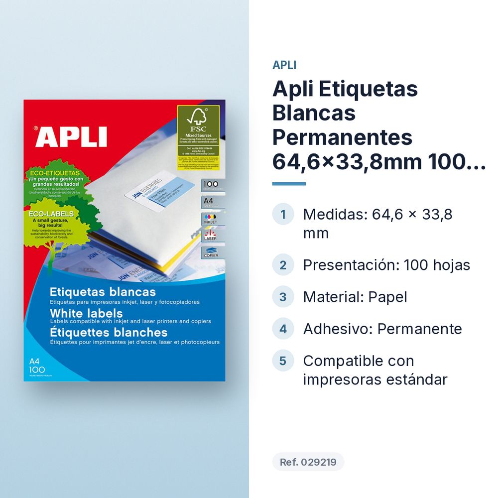APLI ETIQUETAS BLANCAS PERMANENTES 64,6X33,8MM 100 HOJAS - características principales