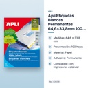 APLI ETIQUETAS BLANCAS PERMANENTES 64,6X33,8MM 100 HOJAS - características principales