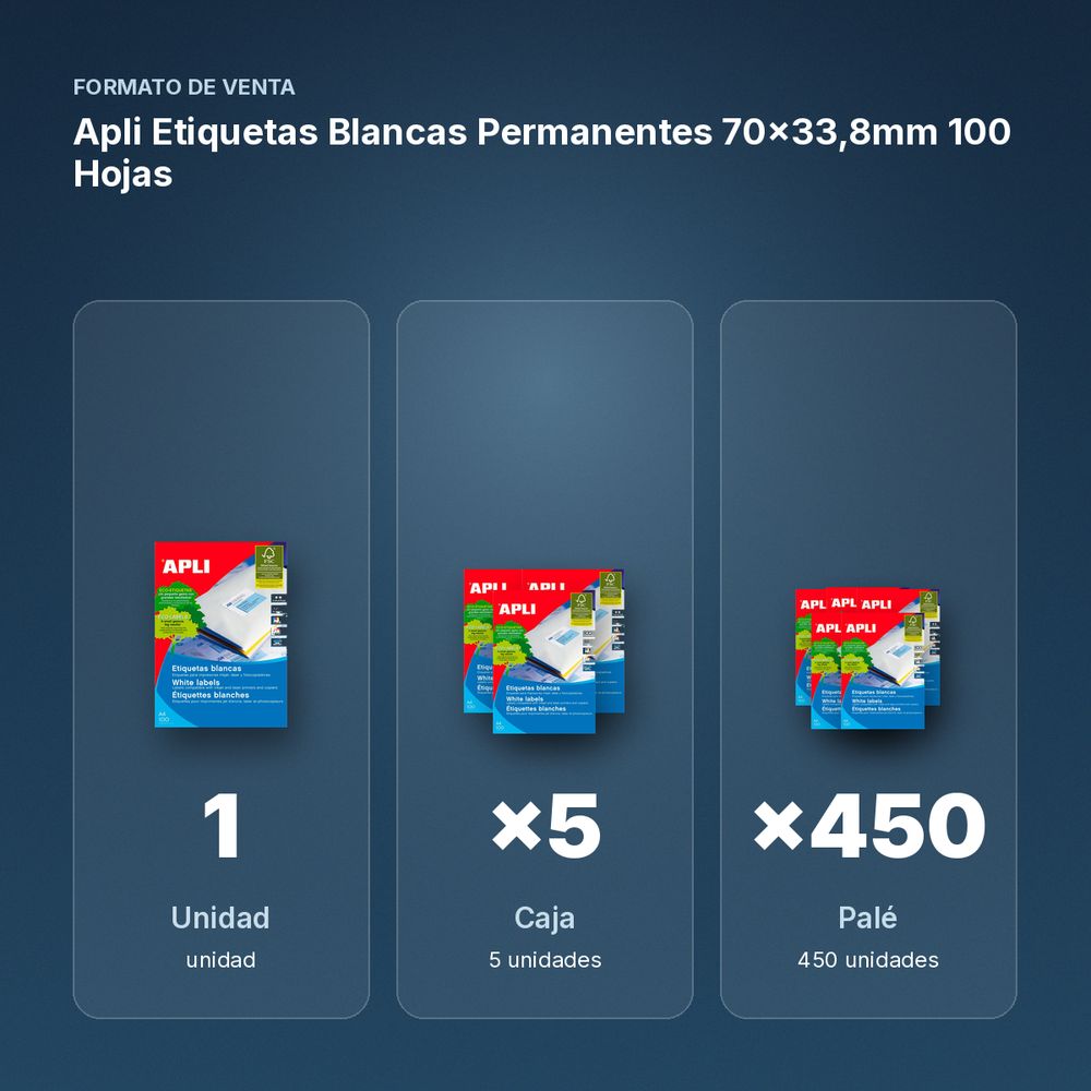 APLI ETIQUETAS BLANCAS PERMANENTES 70X33,8MM 100 HOJAS - formato de venta: caja de 5, palé de 450