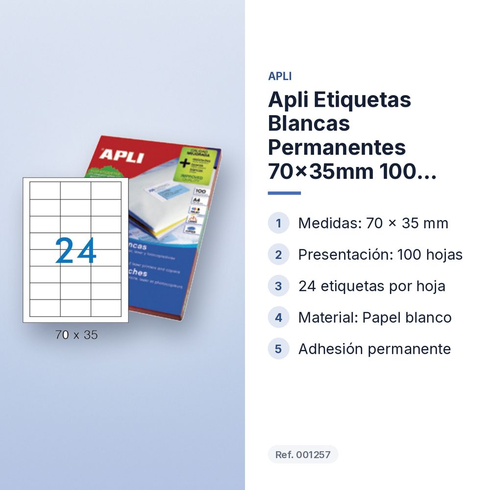 APLI ETIQUETAS BLANCAS PERMANENTES 70X35MM 100 HOJAS - características principales
