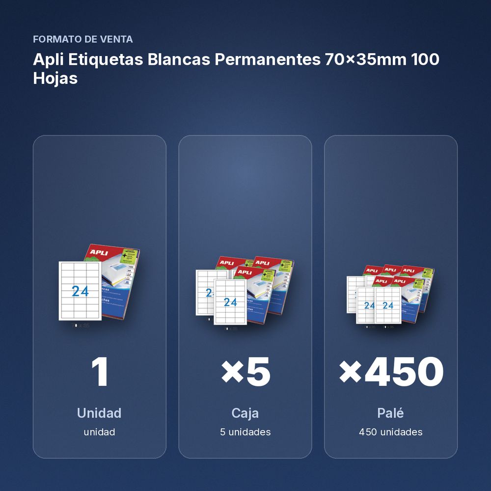 APLI ETIQUETAS BLANCAS PERMANENTES 70X35MM 100 HOJAS - formato de venta: caja de 5, palé de 450