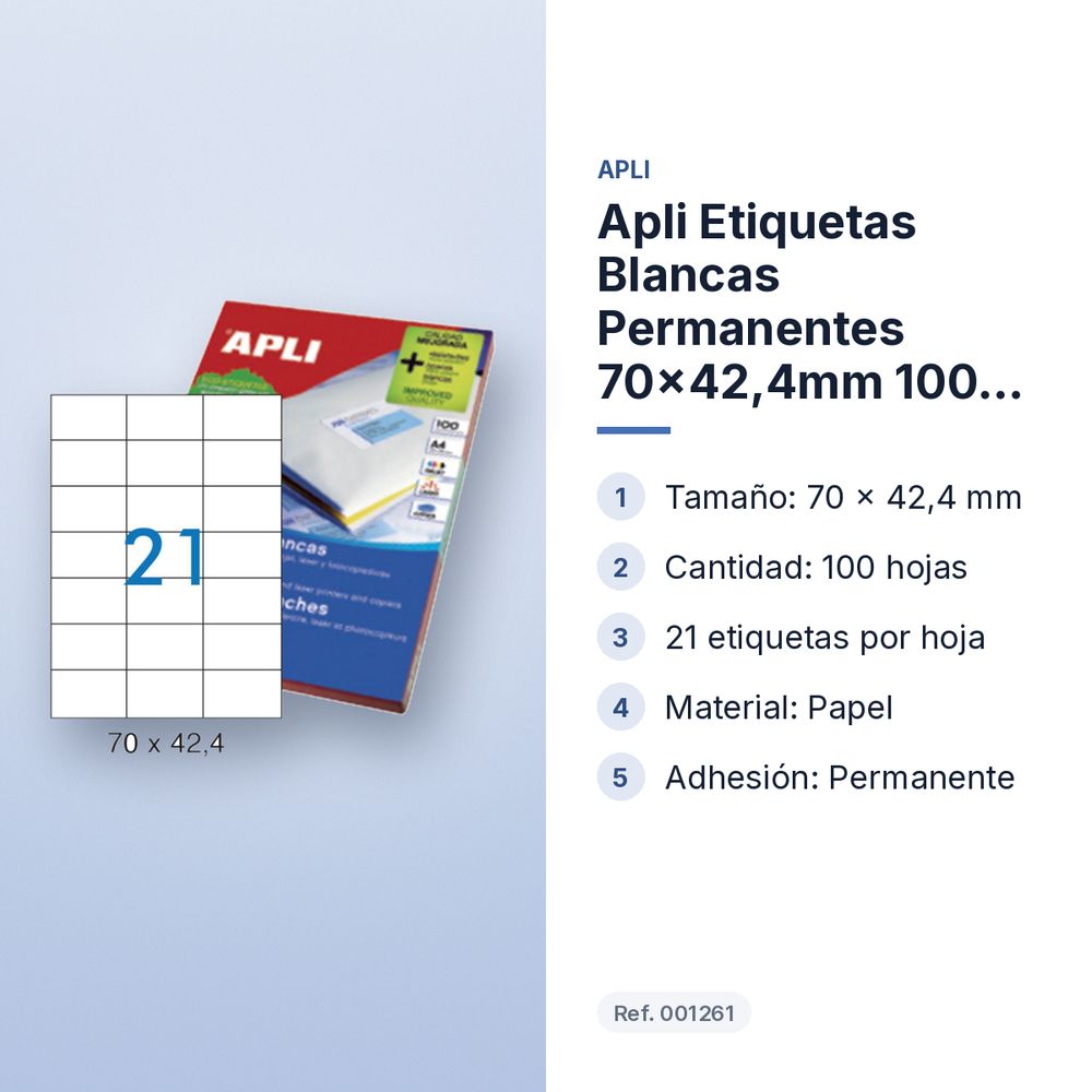 APLI ETIQUETAS BLANCAS PERMANENTES 70X42,4MM 100 HOJAS - características principales