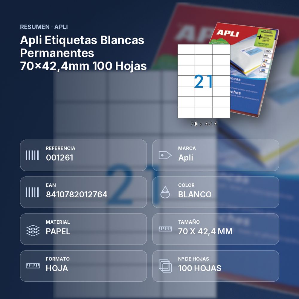 APLI ETIQUETAS BLANCAS PERMANENTES 70X42,4MM 100 HOJAS - resumen de atributos