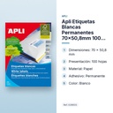 APLI ETIQUETAS BLANCAS PERMANENTES 70X50,8MM 100 HOJAS - características principales