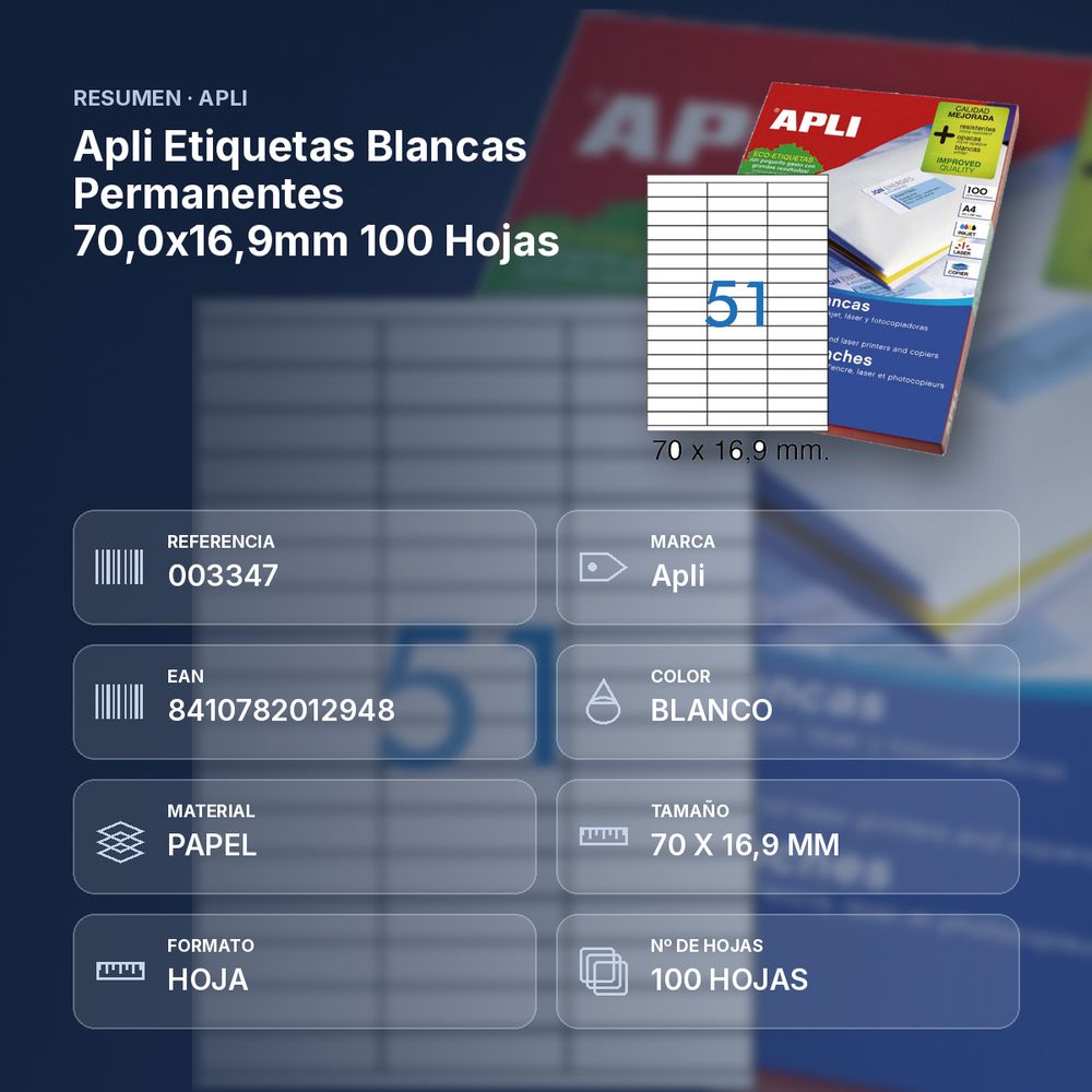 APLI ETIQUETAS BLANCAS PERMANENTES 70,0X16,9MM 100 HOJAS - resumen de atributos