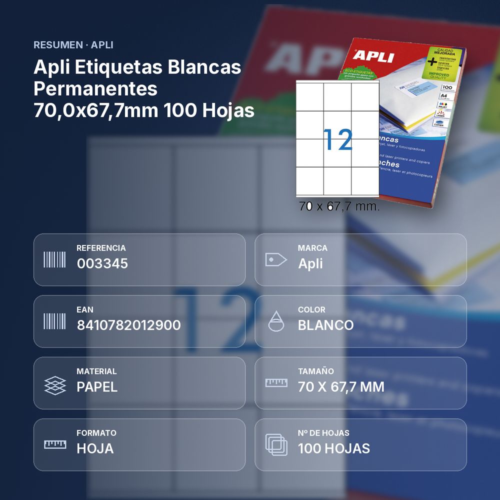 APLI ETIQUETAS BLANCAS PERMANENTES 70,0X67,7MM 100 HOJAS - resumen de atributos