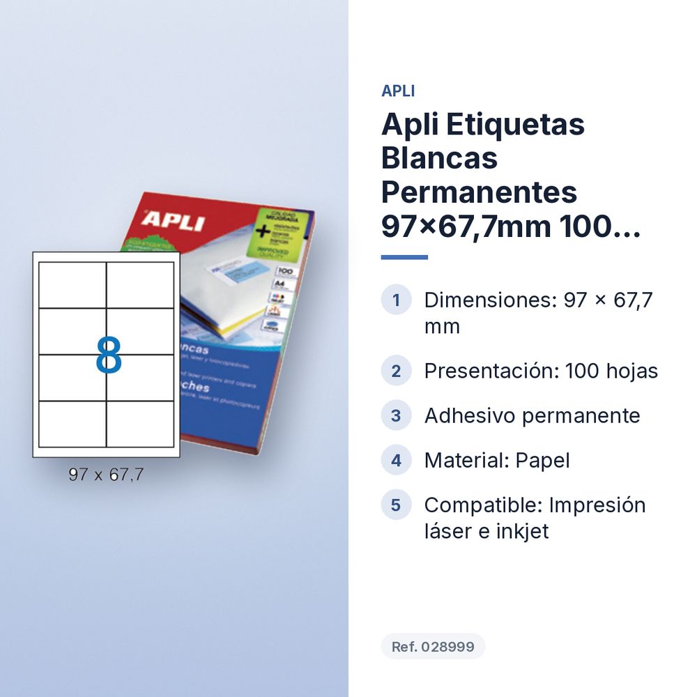 APLI ETIQUETAS BLANCAS PERMANENTES 97X67,7MM 100 HOJAS - características principales