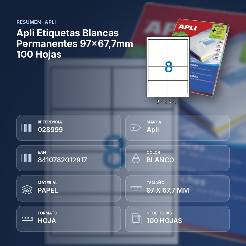 APLI ETIQUETAS BLANCAS PERMANENTES 97X67,7MM 100 HOJAS - resumen de atributos