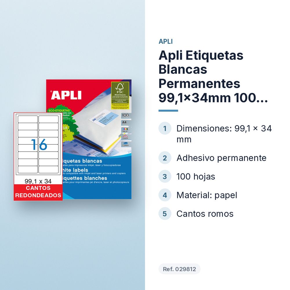 APLI ETIQUETAS BLANCAS PERMANENTES 99,1X34MM 100 HOJAS - características principales