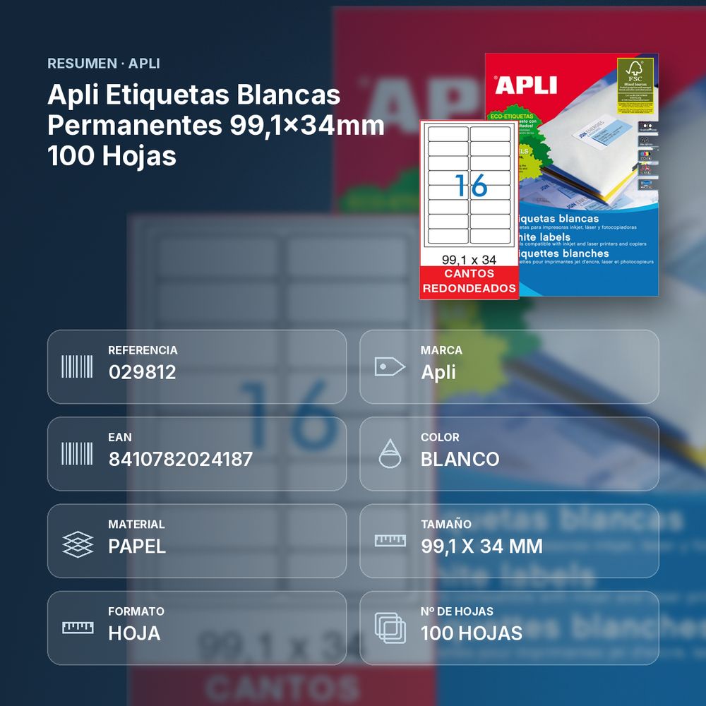 APLI ETIQUETAS BLANCAS PERMANENTES 99,1X34MM 100 HOJAS - resumen de atributos
