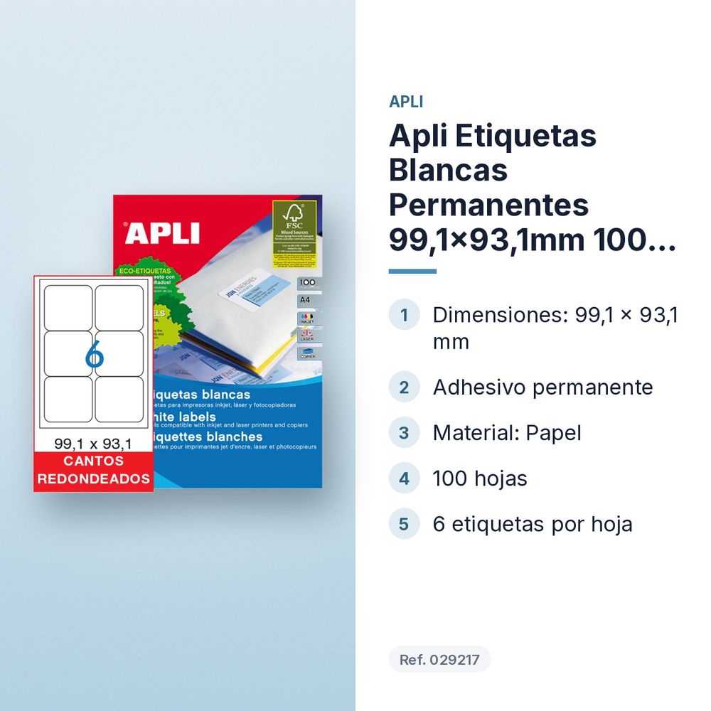 APLI ETIQUETAS BLANCAS PERMANENTES 99,1X93,1MM 100 HOJAS - características principales