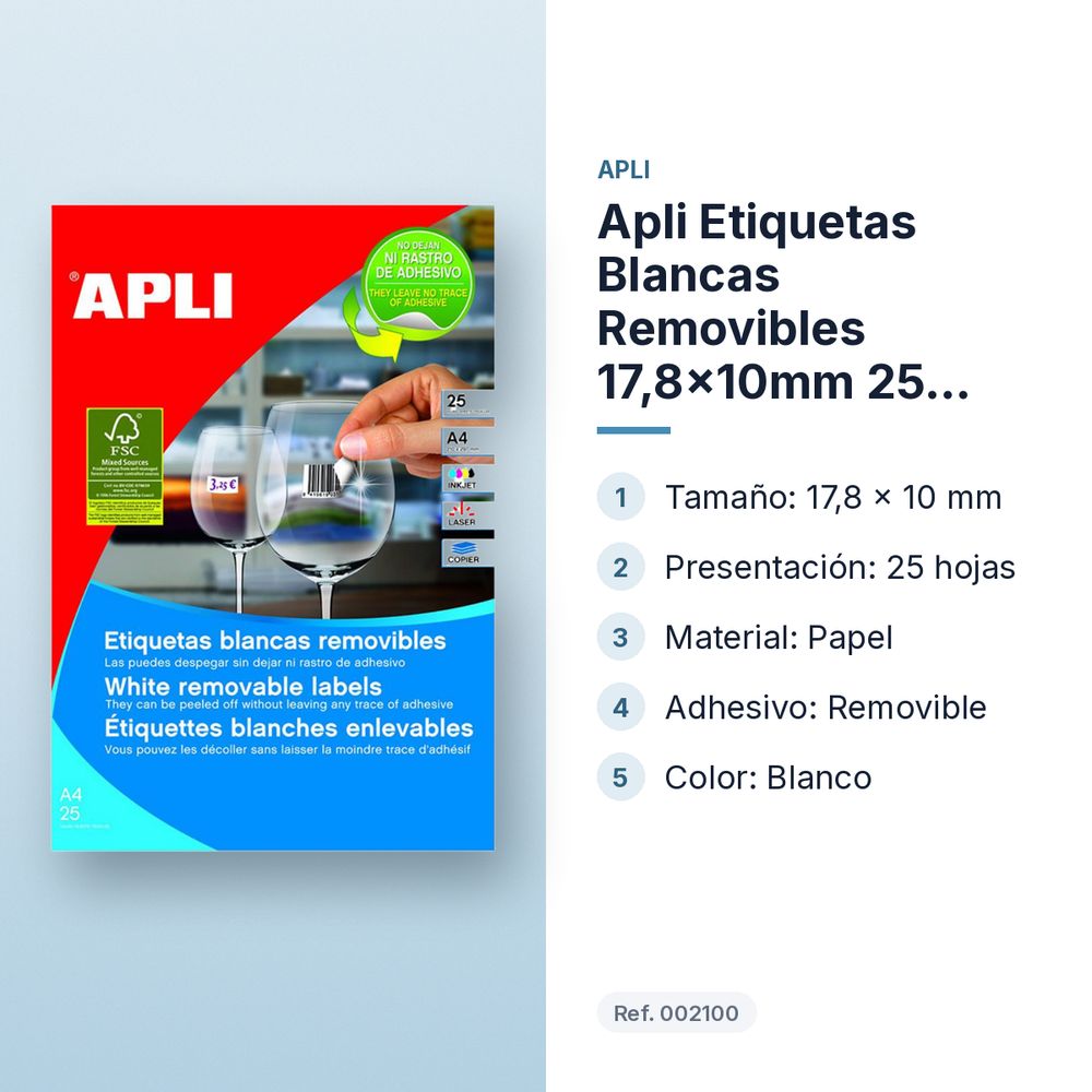 APLI ETIQUETAS BLANCAS REMOVIBLES 17,8X10MM 25 HOJAS  - características principales