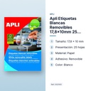 APLI ETIQUETAS BLANCAS REMOVIBLES 17,8X10MM 25 HOJAS  - características principales