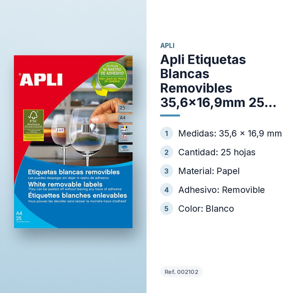 APLI ETIQUETAS BLANCAS REMOVIBLES 35,6X16,9MM 25 HOJAS - características principales