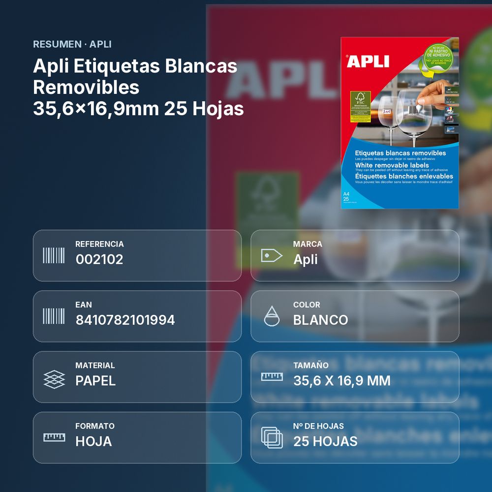 APLI ETIQUETAS BLANCAS REMOVIBLES 35,6X16,9MM 25 HOJAS - resumen de atributos