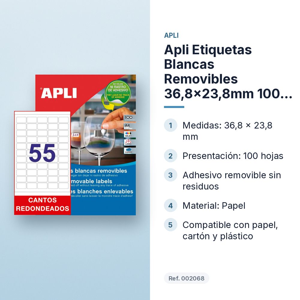 APLI ETIQUETAS BLANCAS REMOVIBLES 36,8X23,8MM 100 HOJAS - características principales