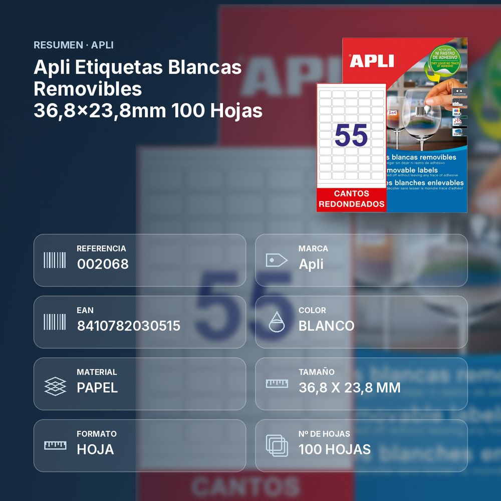 APLI ETIQUETAS BLANCAS REMOVIBLES 36,8X23,8MM 100 HOJAS - resumen de atributos