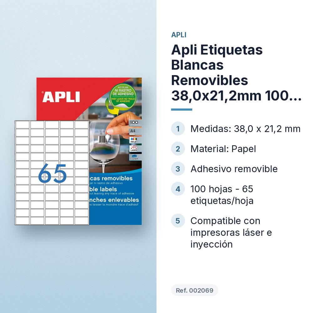 APLI ETIQUETAS BLANCAS REMOVIBLES 38,0X21,2MM 100 HOJAS  - características principales