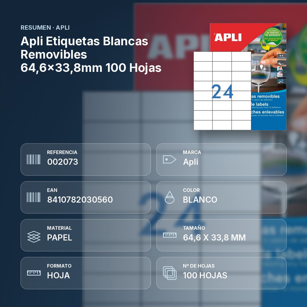 APLI ETIQUETAS BLANCAS REMOVIBLES 64,6X33,8MM 100 HOJAS - resumen de atributos