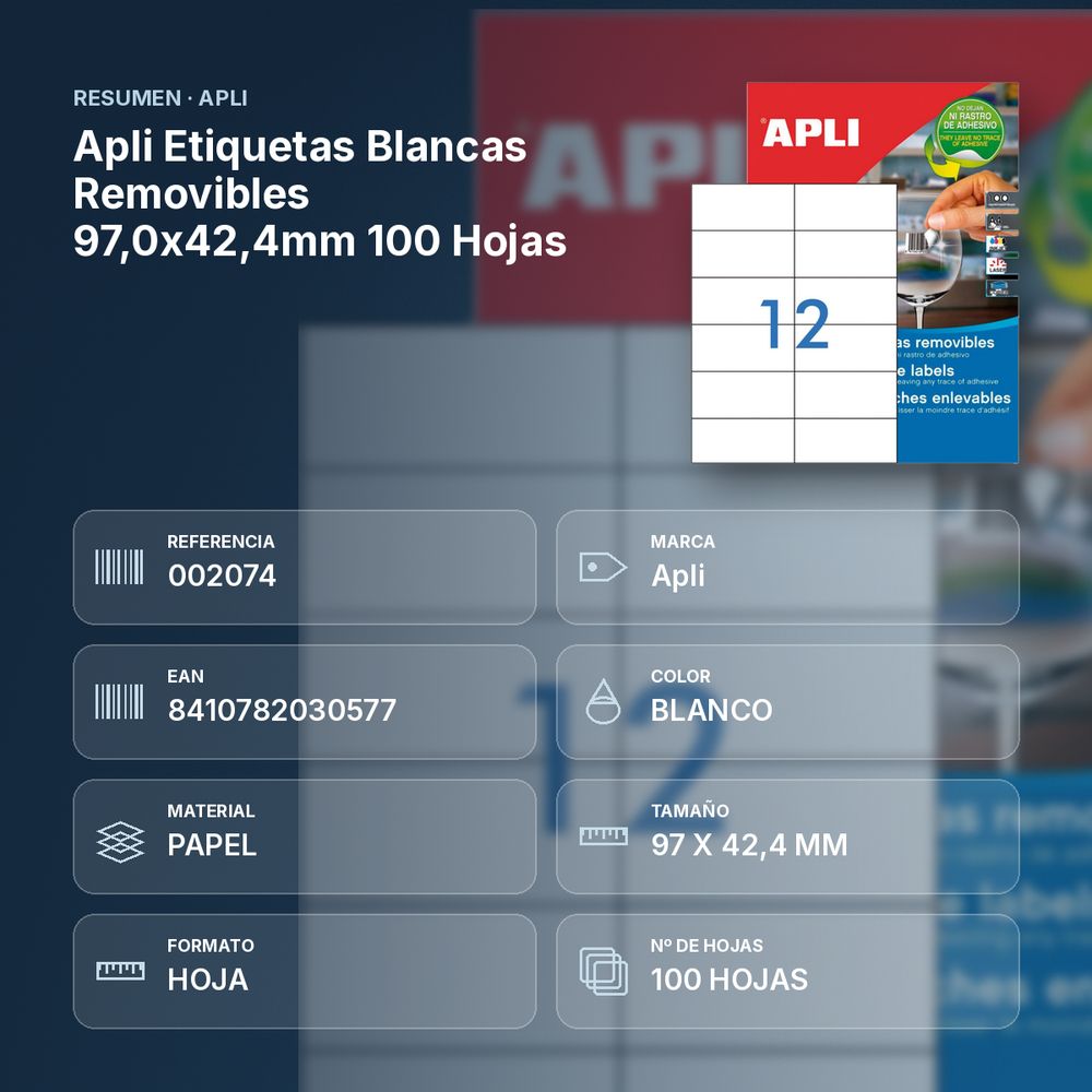 APLI ETIQUETAS BLANCAS REMOVIBLES 97,0X42,4MM 100 HOJAS - resumen de atributos
