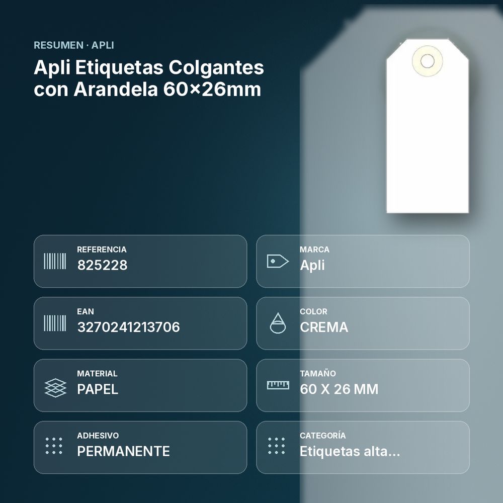APLI ETIQUETAS COLGANTES CON ARANDELA 60X26MM - resumen de atributos
