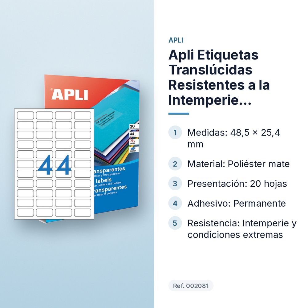 APLI ETIQUETAS TRANSLÚCIDAS RESISTENTES A LA INTEMPERIE 48,5X25,4MM 20 HOJAS - características principales