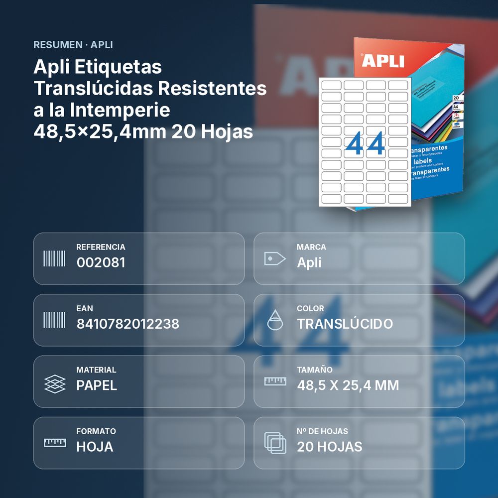APLI ETIQUETAS TRANSLÚCIDAS RESISTENTES A LA INTEMPERIE 48,5X25,4MM 20 HOJAS - resumen de atributos