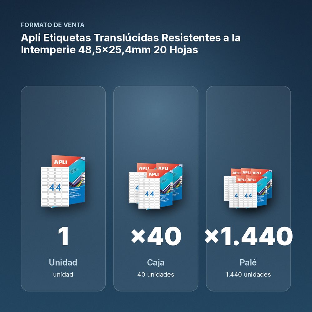APLI ETIQUETAS TRANSLÚCIDAS RESISTENTES A LA INTEMPERIE 48,5X25,4MM 20 HOJAS - formato de venta: caja de 40, palé de 1440