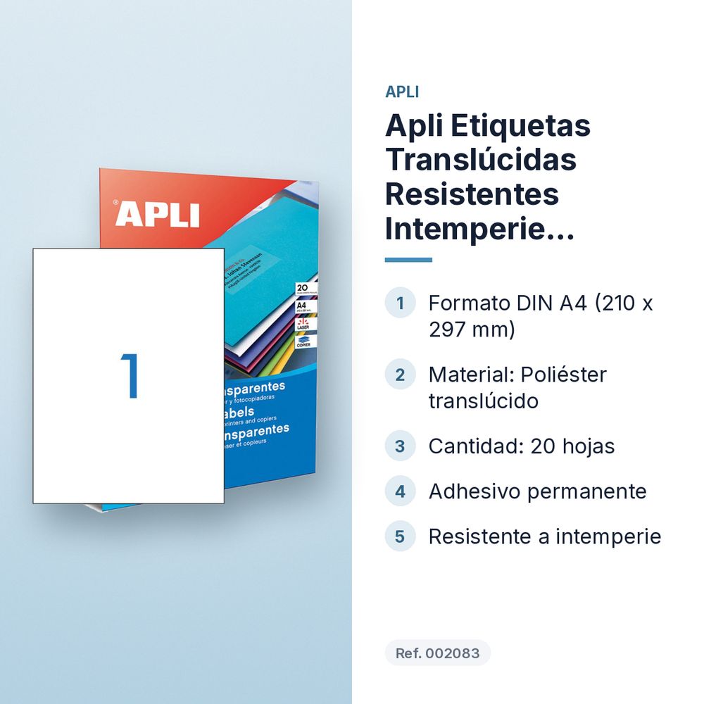 APLI ETIQUETAS TRANSLÚCIDAS RESISTENTES INTEMPERIE 210X297MM 20 HOJAS - características principales