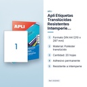 APLI ETIQUETAS TRANSLÚCIDAS RESISTENTES INTEMPERIE 210X297MM 20 HOJAS - características principales