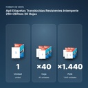 APLI ETIQUETAS TRANSLÚCIDAS RESISTENTES INTEMPERIE 210X297MM 20 HOJAS - formato de venta: caja de 40, palé de 1440
