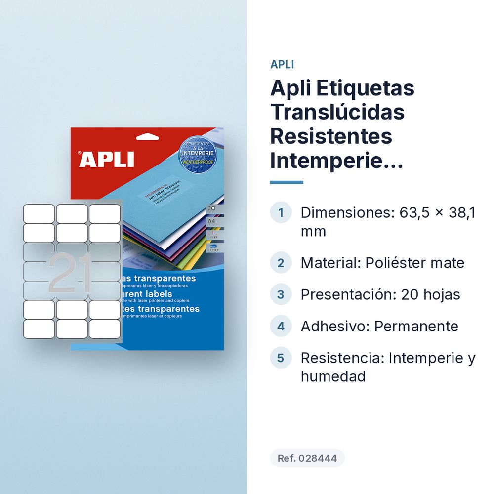 APLI ETIQUETAS TRANSLÚCIDAS RESISTENTES INTEMPERIE 63,5X38,1MM 20 HOJAS  - características principales
