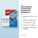 APLI ETIQUETAS TRANSLÚCIDAS RESISTENTES INTEMPERIE 63,5X38,1MM 20 HOJAS  - características principales