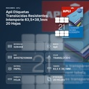 APLI ETIQUETAS TRANSLÚCIDAS RESISTENTES INTEMPERIE 63,5X38,1MM 20 HOJAS  - resumen de atributos