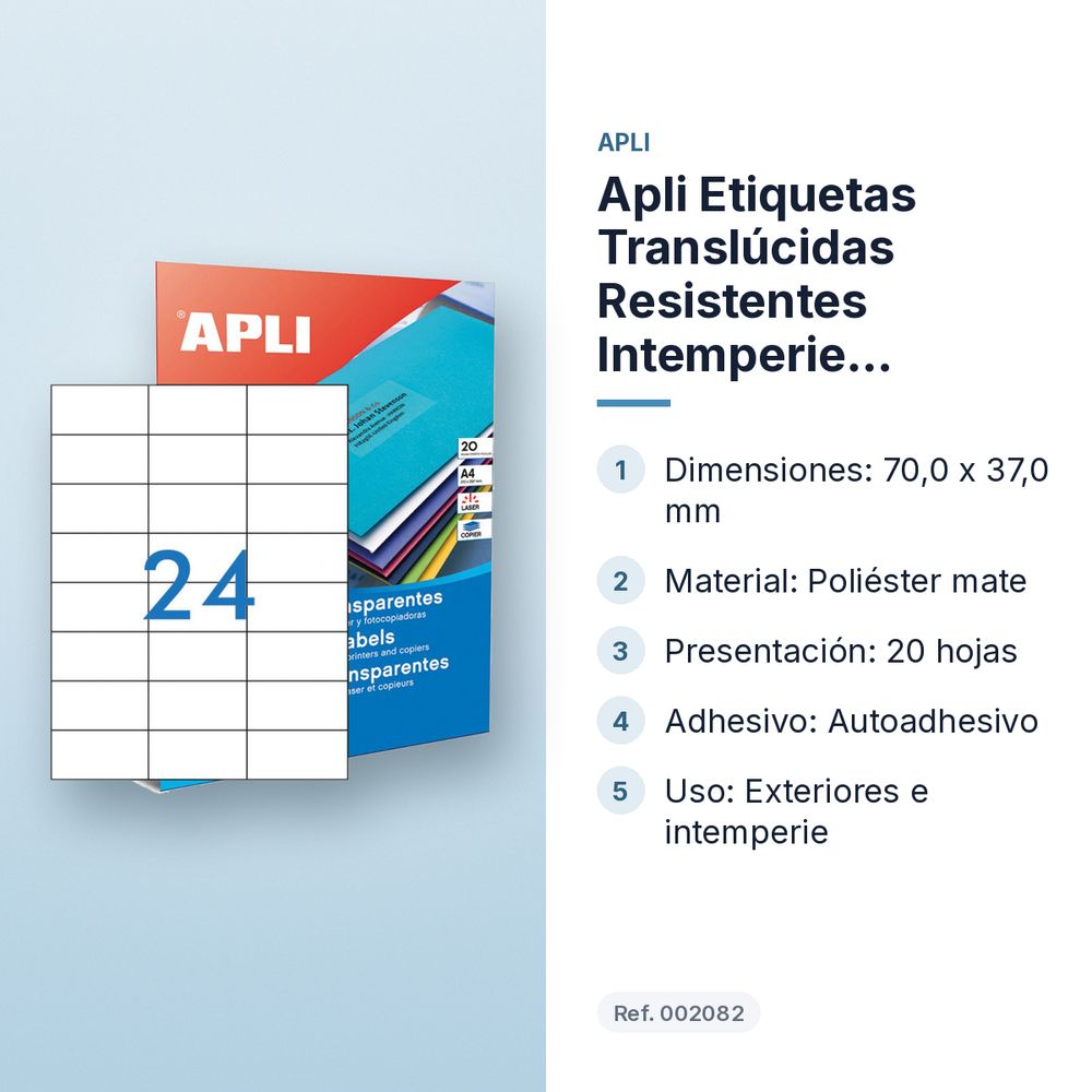 APLI ETIQUETAS TRANSLÚCIDAS RESISTENTES INTEMPERIE 70,0X37,0MM 20 HOJAS - características principales