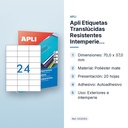 APLI ETIQUETAS TRANSLÚCIDAS RESISTENTES INTEMPERIE 70,0X37,0MM 20 HOJAS - características principales