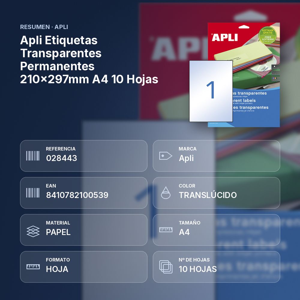 APLI ETIQUETAS TRANSPARENTES PERMANENTES 210X297MM A4 10 HOJAS - resumen de atributos