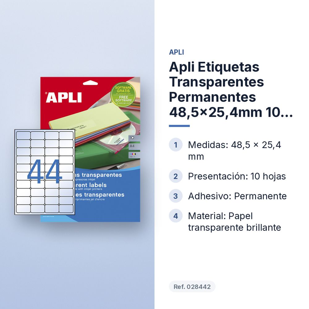 APLI ETIQUETAS TRANSPARENTES PERMANENTES 48,5X25,4MM 10 HOJAS - características principales